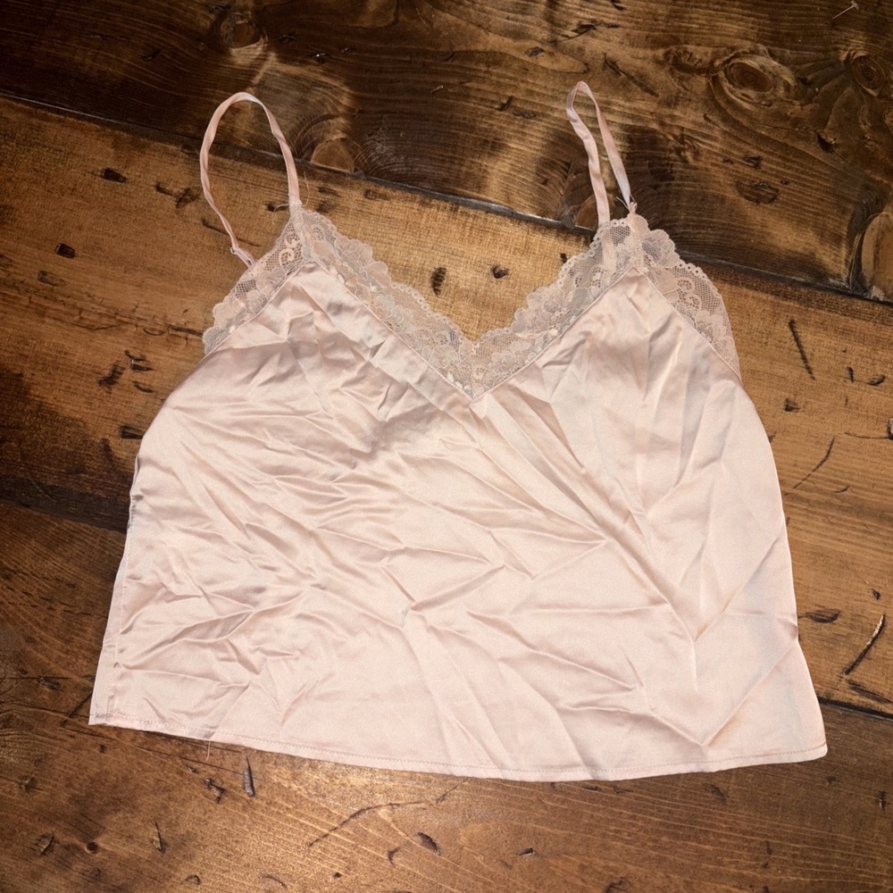 Women's Beige Satin Lace Romantic Cami Tank Top Layering Shirt Size Med Bohemian
